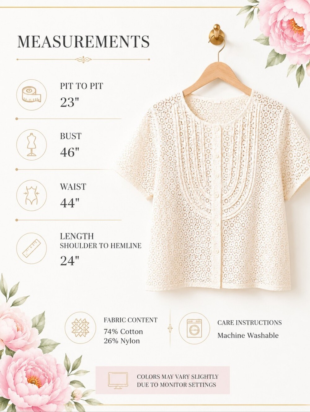 Van Heusen | Ivory Lace Ruffle Button Front Blouse Top | Size XL - Picture 8 of 11
